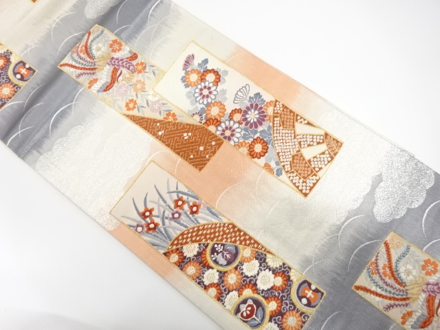 短冊に鳳凰・花模様織り出し　袋帯